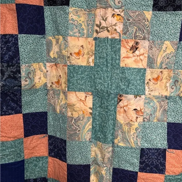 Vintage Blessed Baby Blanket Quilt Patchwork Cross in Blue and Peach - Picture 2 of 4